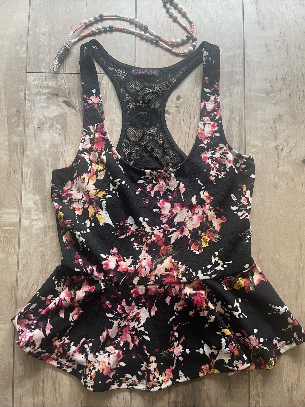 Material Girl Black Floral Lace-Back Peplum Tank Top